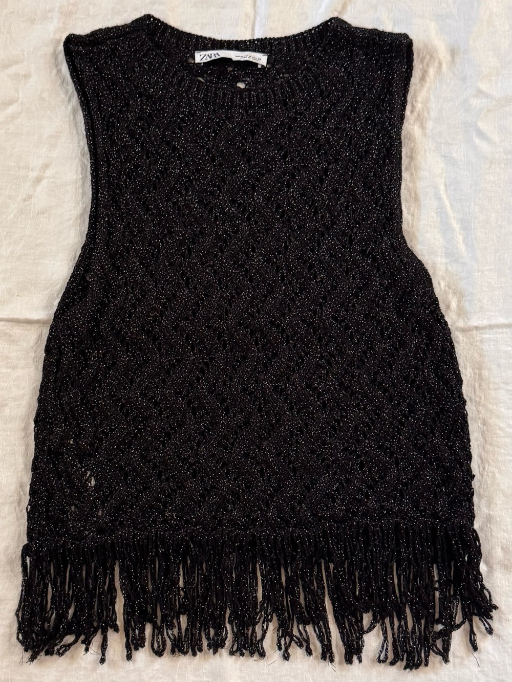 ZARA Metallic Knit Open Work Crochet Fringe Tank Top Black M